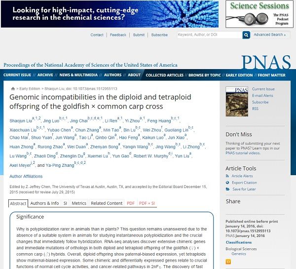 云南大学等单位“异源四倍鲫鲤品系遗传特性”合作研究成果在国际著名刊物PNAS上发表